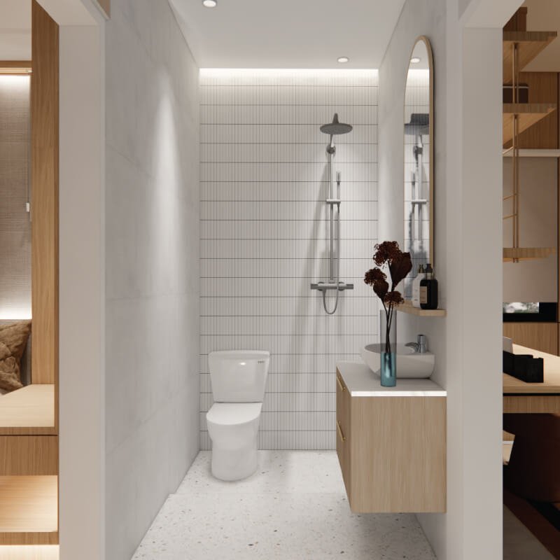 Interior kamar mandi rumah modern dari Anandaya Synthesis Development dengan desain elegan dan pencahayaan alami