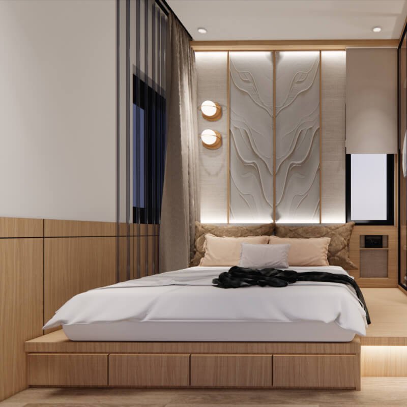 Interior kamar tidur rumah modern dari Anandaya Synthesis Development dengan desain minimalis dan nuansa hangat