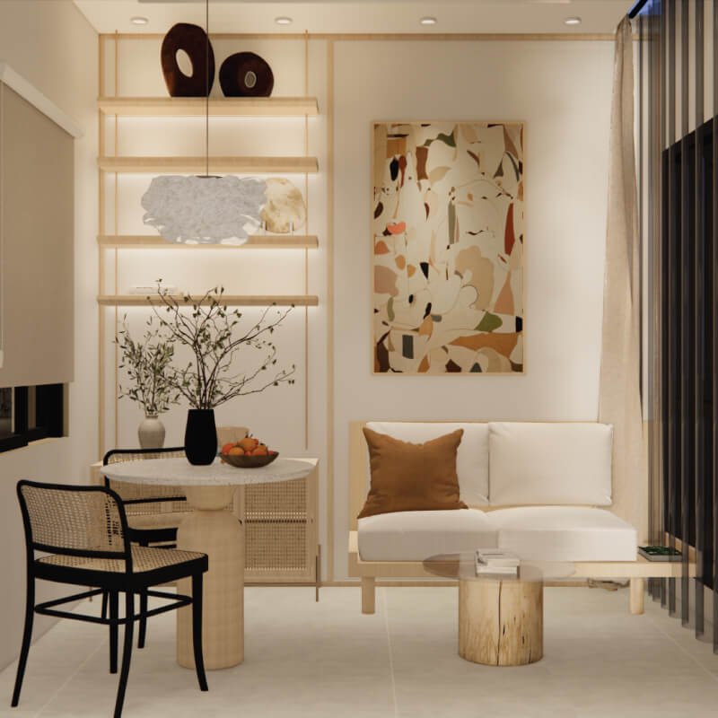 Interior ruang tamu modern dari Anandaya dengan nuansa hangat dan desain minimalis